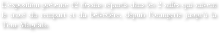 L’exposition présente 42 dessins répartis dans les 2 salles qui suivent le tracé du rempart et du belvédère, depuis l’orangerie jusqu’à la Tour Magdala.